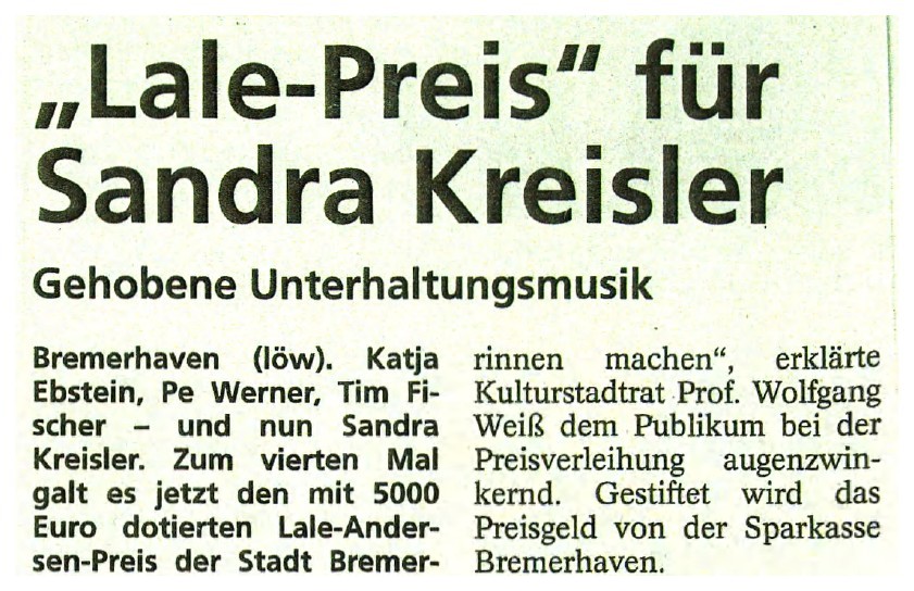 Artikel „Lale-Preis für Sandra Kreisler“ im Sonntagsjournal vom 26. März 2006